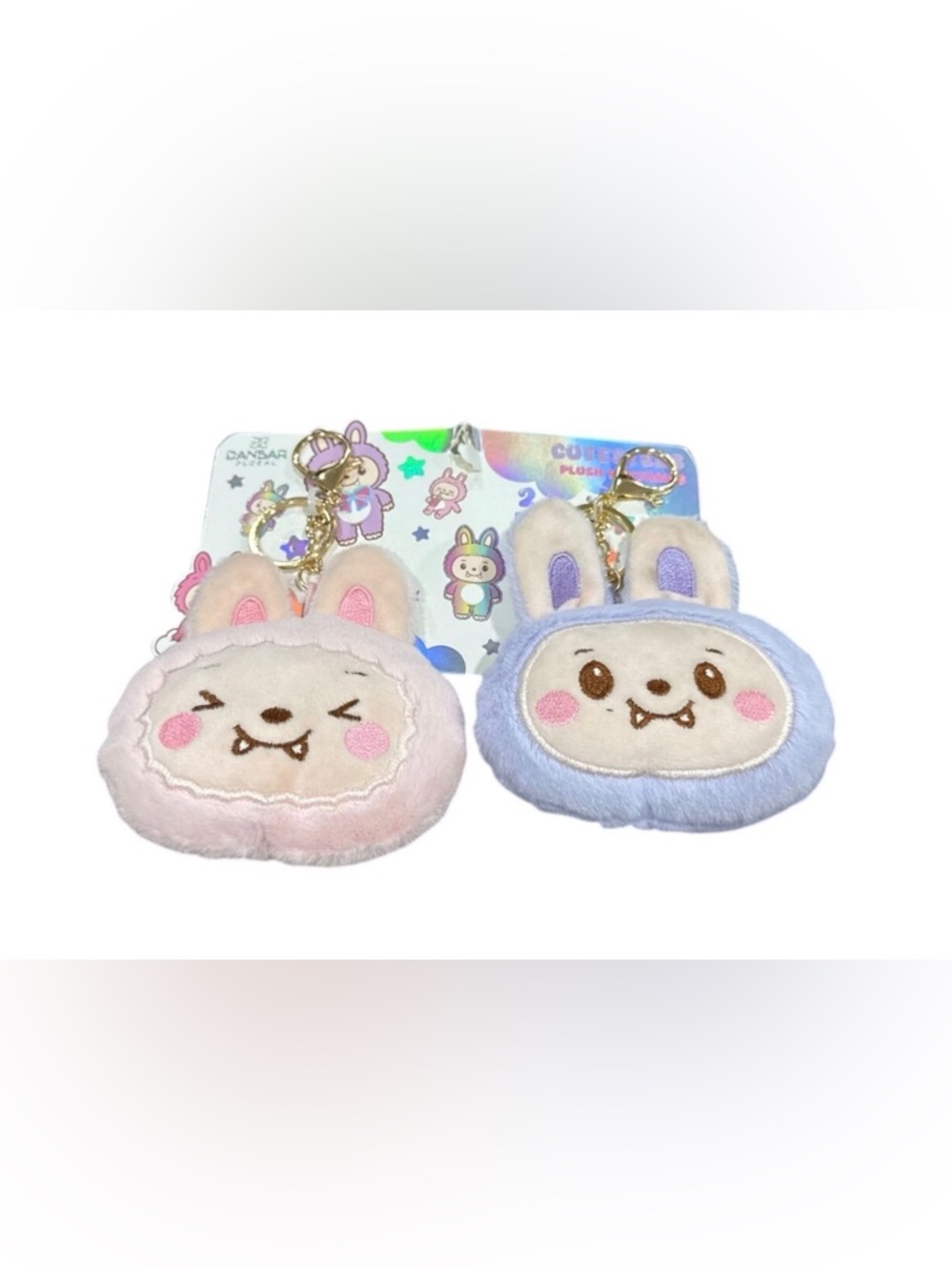 Cute Bunny Plush Keychain Set - Pink & Blue Danbar Korea Soft Fuzzy Material Ado